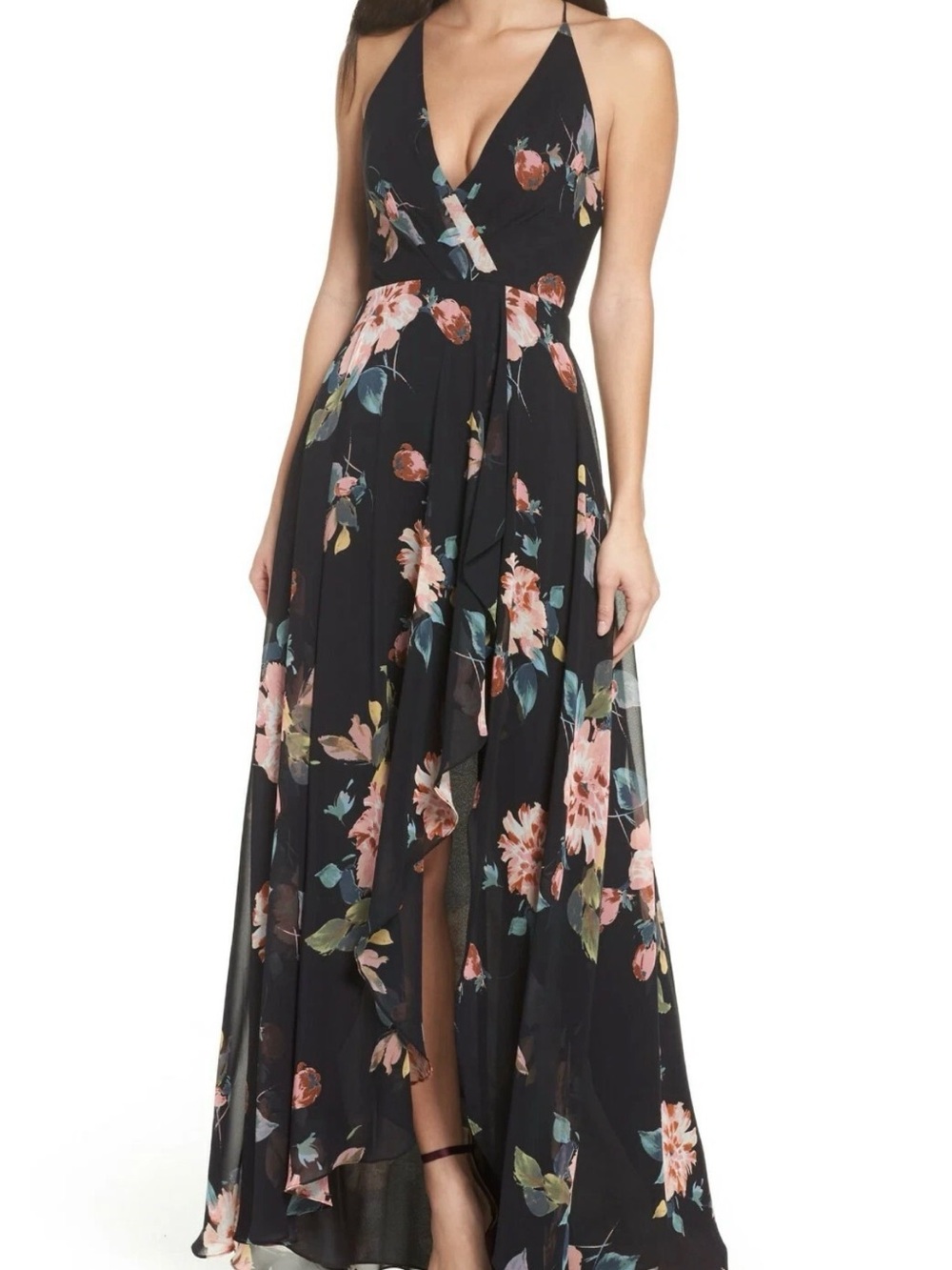 Jenny Yoo Black Maxi Dress with Pink Floral Print